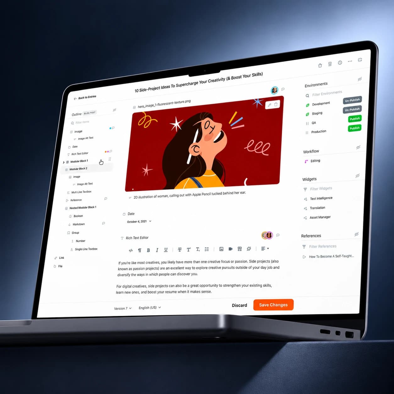 Content editor interface concept displayed on a laptop