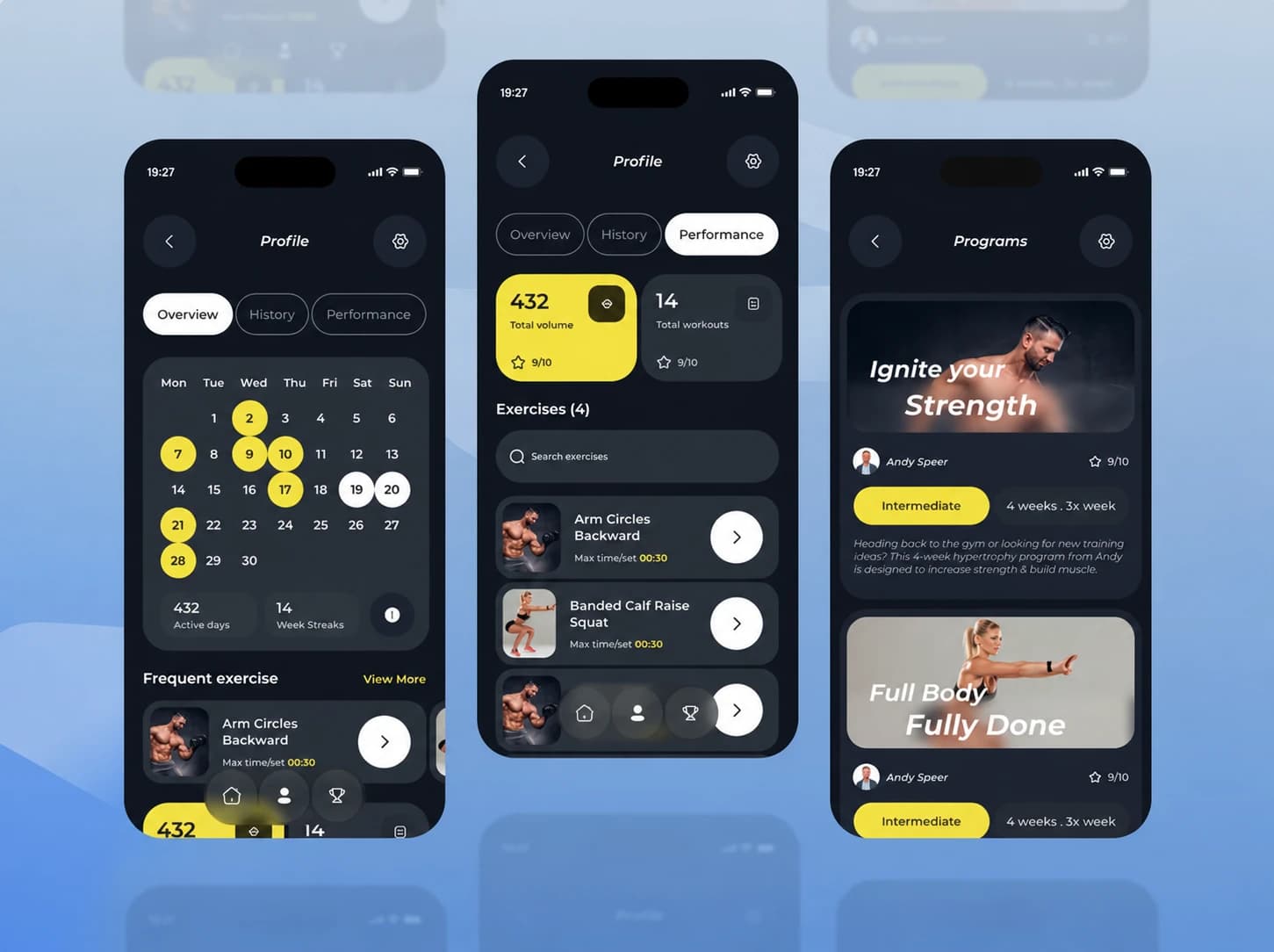 Three fitness app interface concepts showing a calendar, performance, and training programs