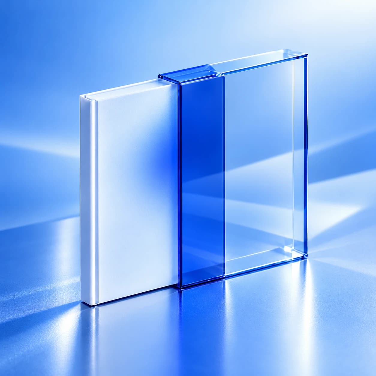 Three translucent blue glass panels