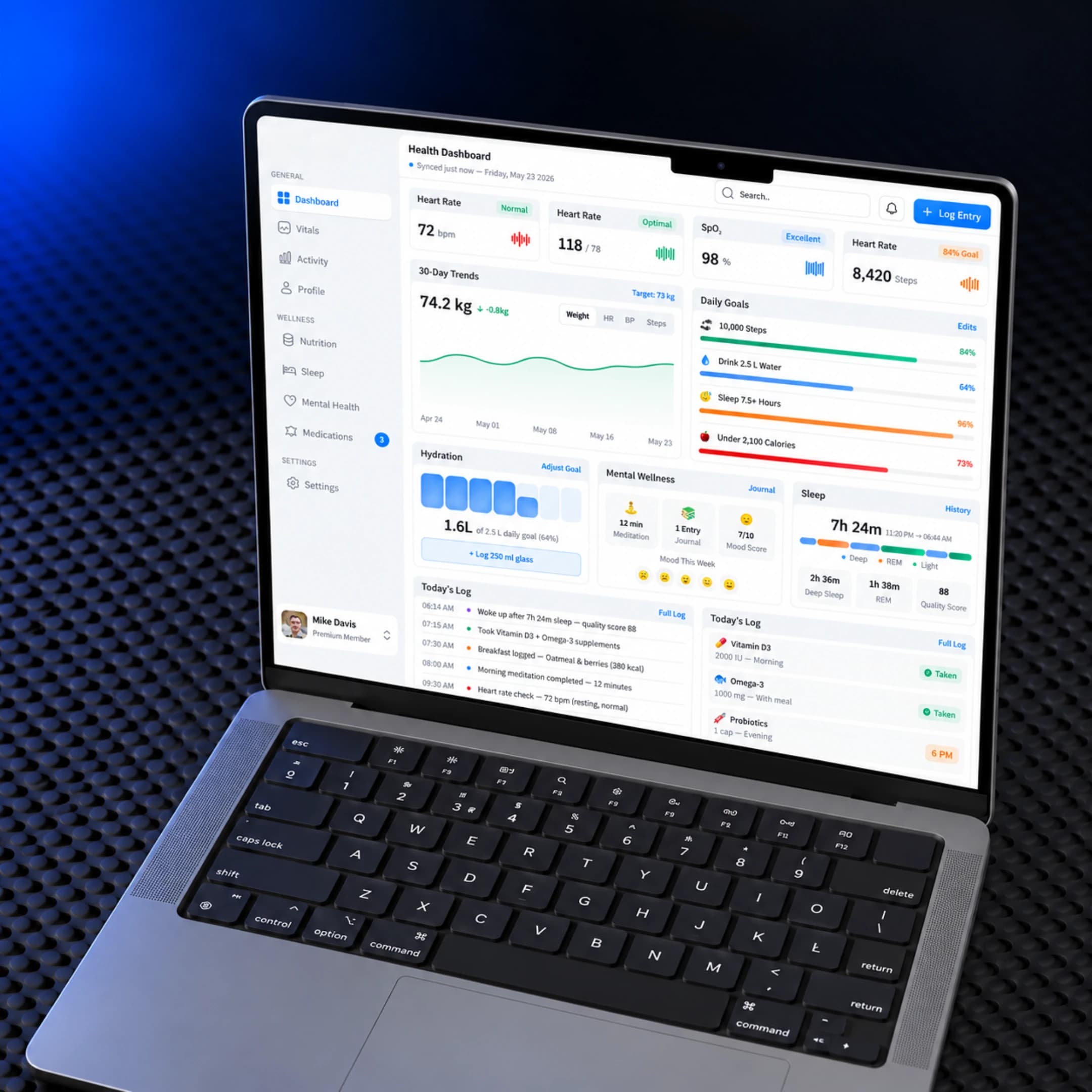 Wellness dashboard concept displayed on a laptop