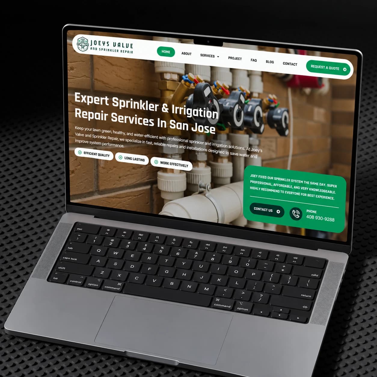 Joey’s Valve and Sprinkler Repair website displayed on a laptop