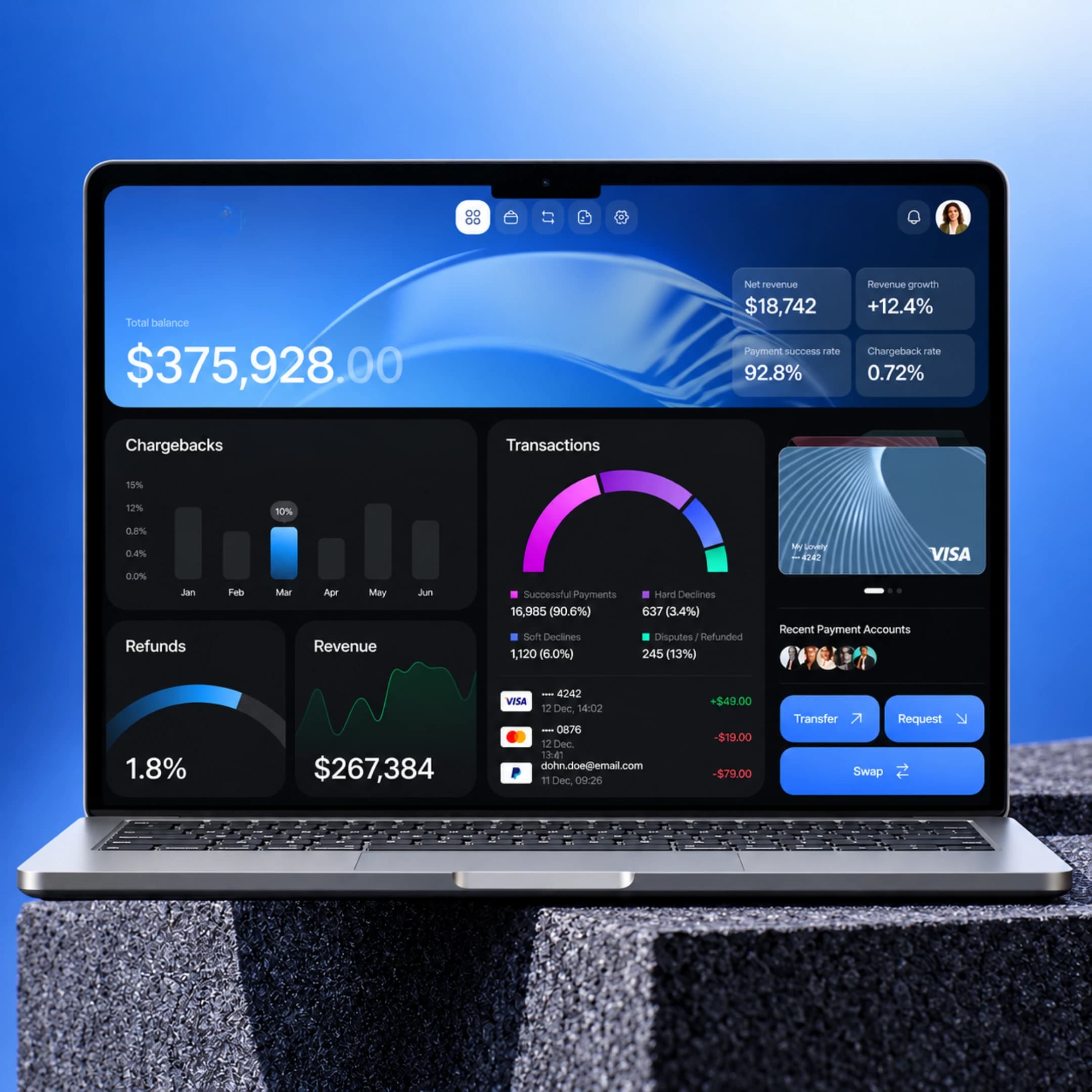 Payments dashboard concept with transaction and reporting panels on a laptop