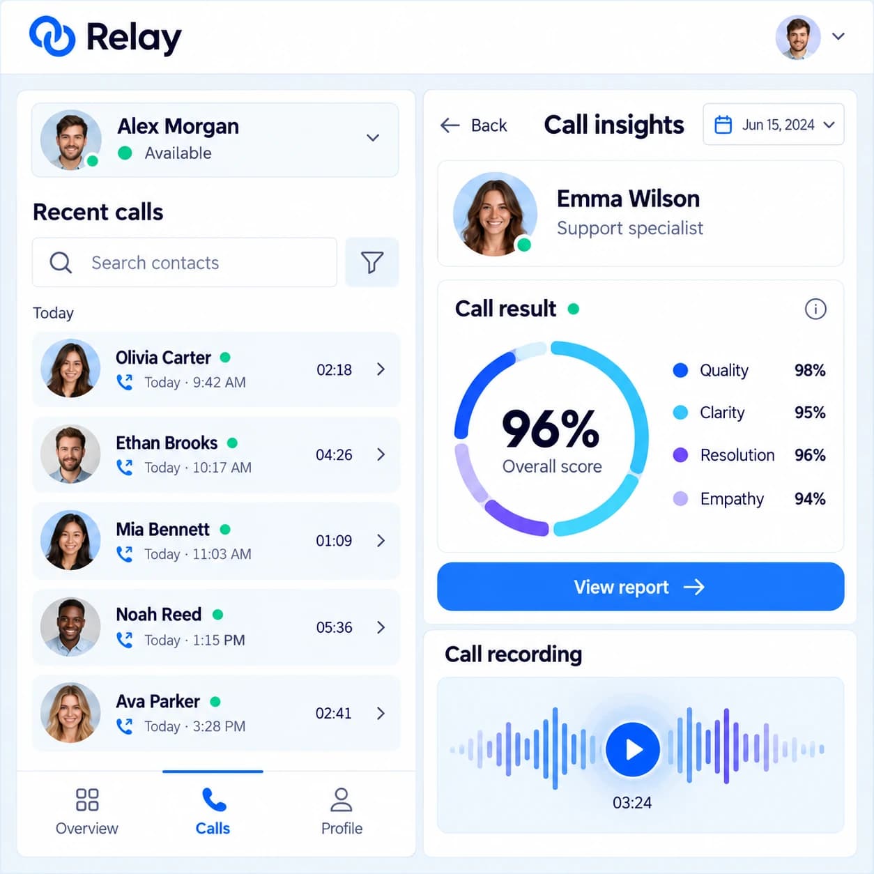 Call management interface concept with recent calls and an insights panel