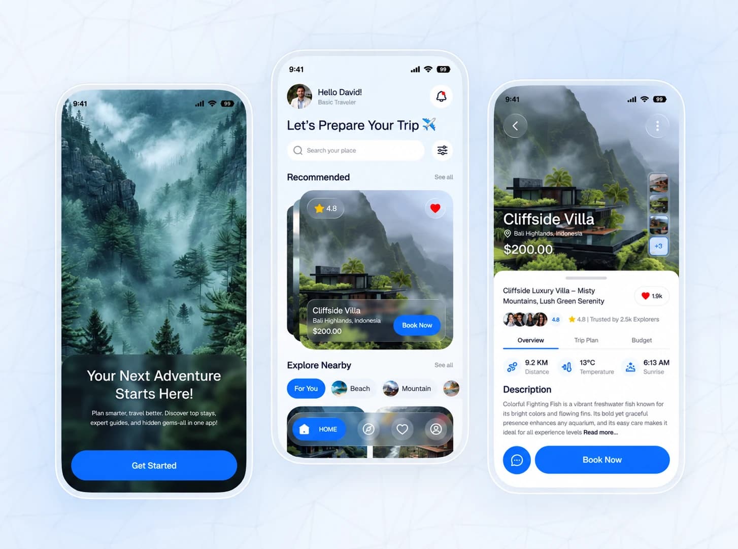 Three travel app interface concepts showing discovery and booking screens