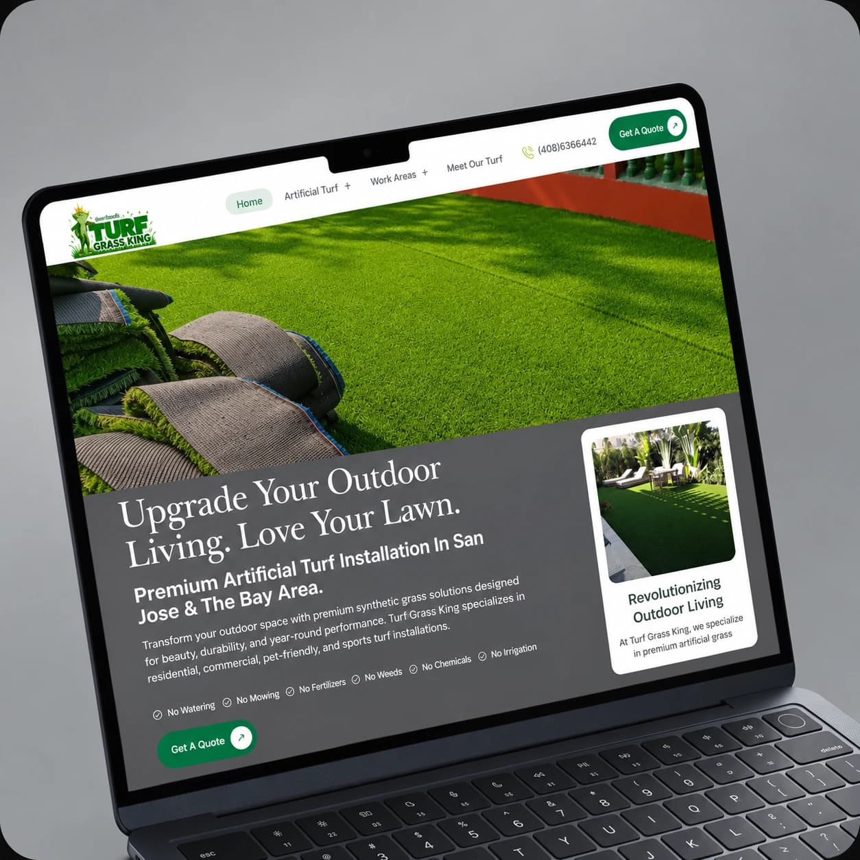 Turf Grass King artificial turf website displayed on a laptop