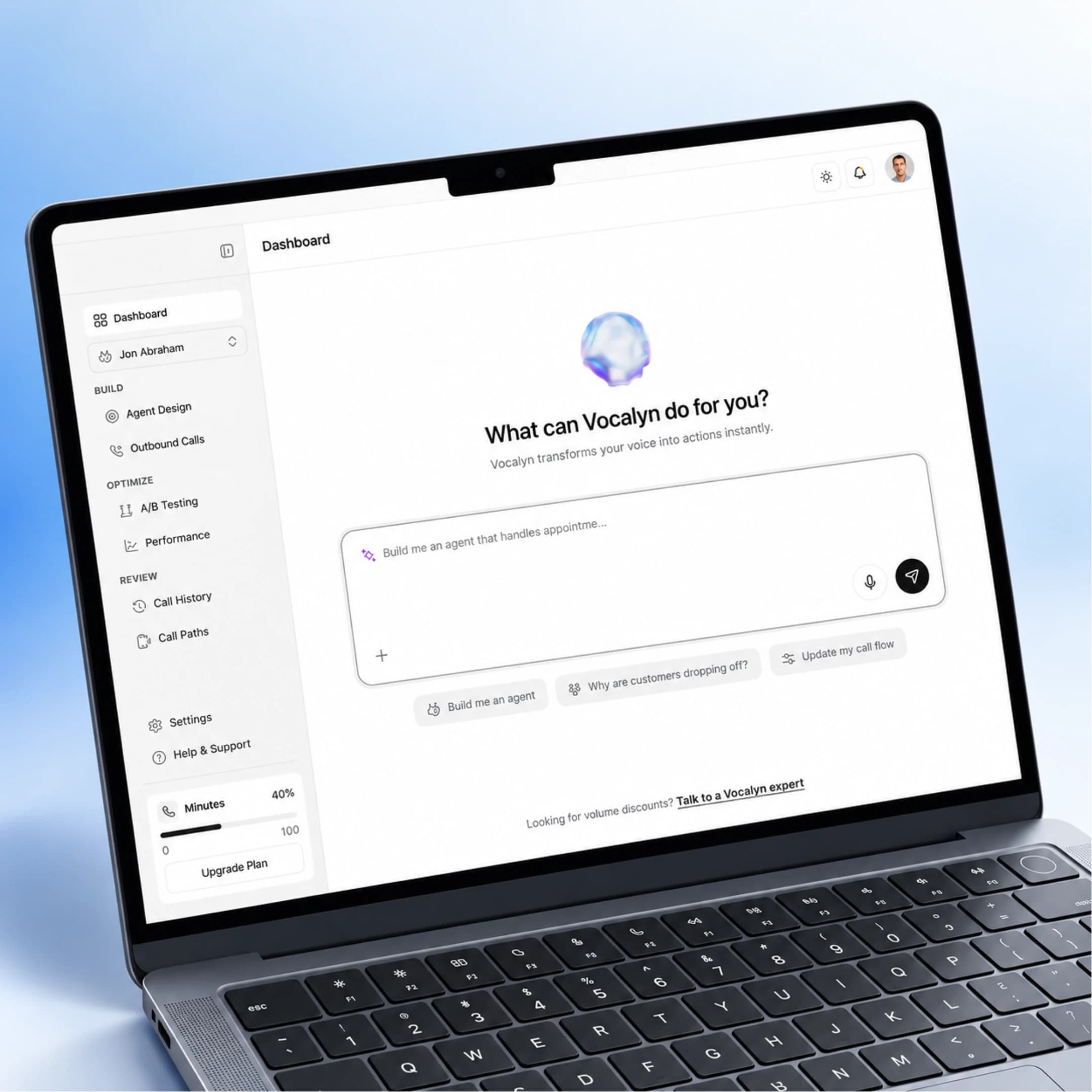 Voice agent builder interface concept displayed on a laptop